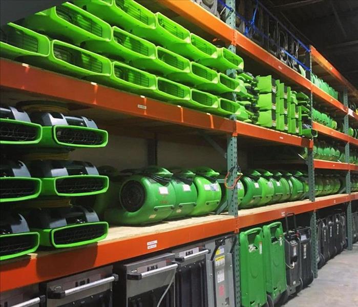 SERVPRO equipment stacked up on warehouse shelving