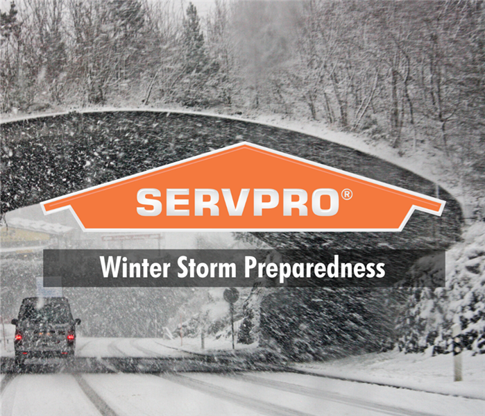 snowy road with servpro logo and text: Winter Storm Preparedness